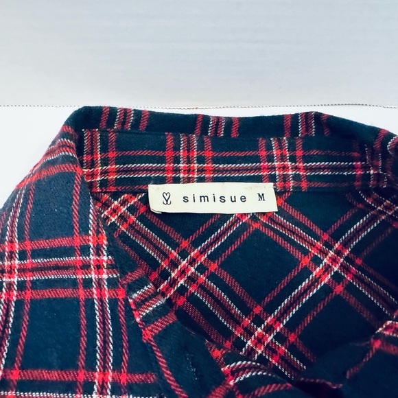 Simisue Women's Red Blue Plaid Button Up Laced Ties at Sides Medium Runs Larger - Picture 7 of 16